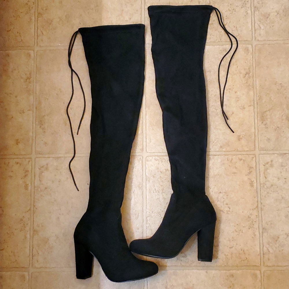 Faux Suede Bow Thigh-High Boots | Black (Great Condition) - Copy